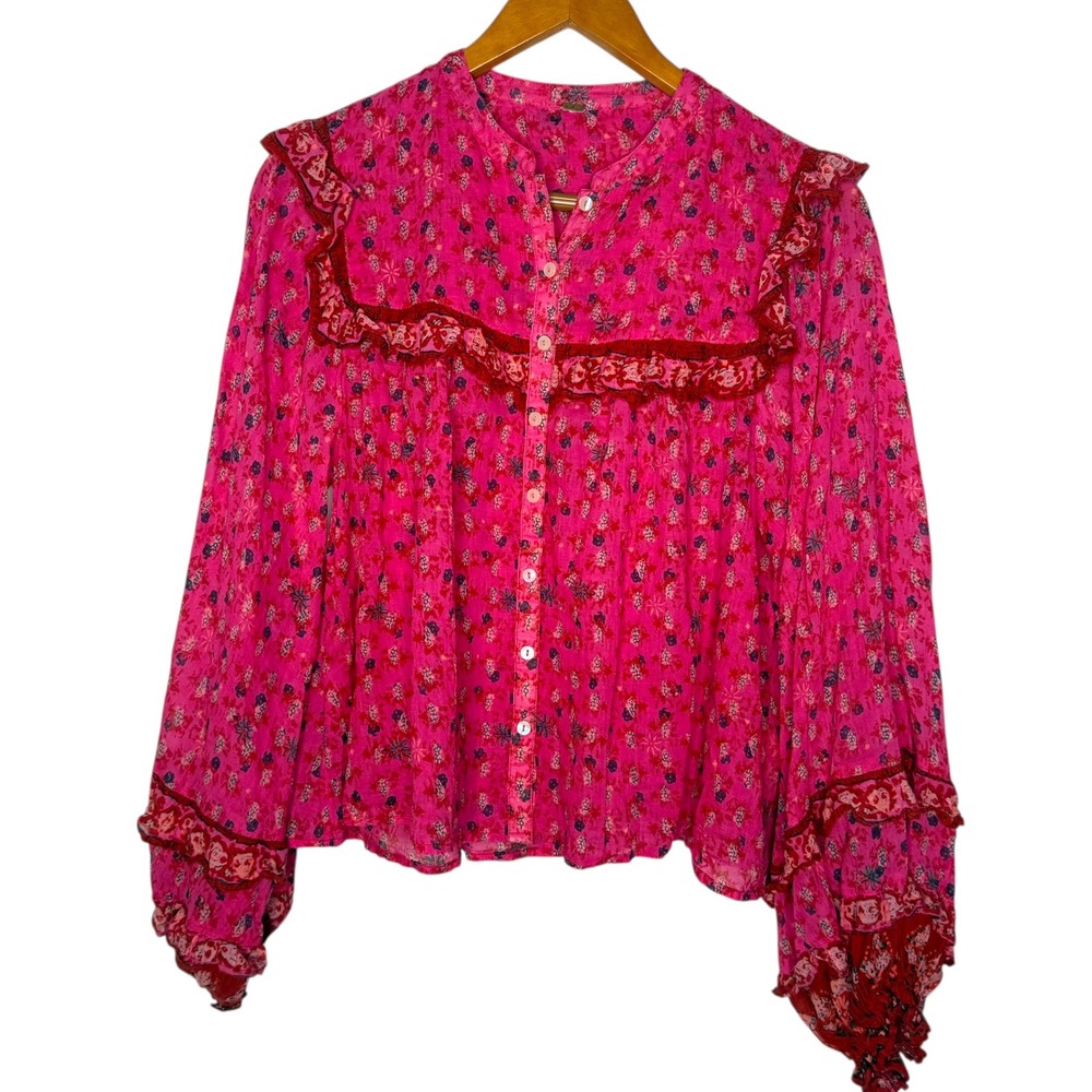 Free People Pink Red Floral Ruffle Top XS Western BOHO Peasant Cottagecore